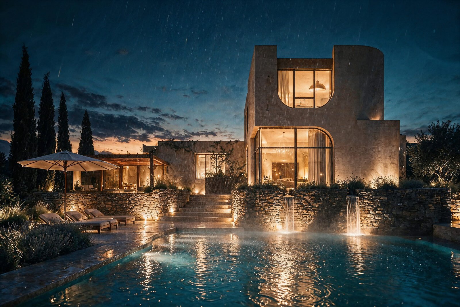Pool and villa in the evening