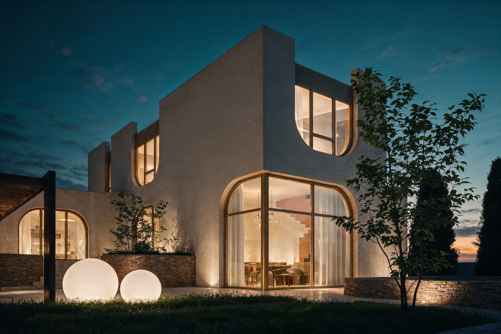 Evening facade with garden lamps